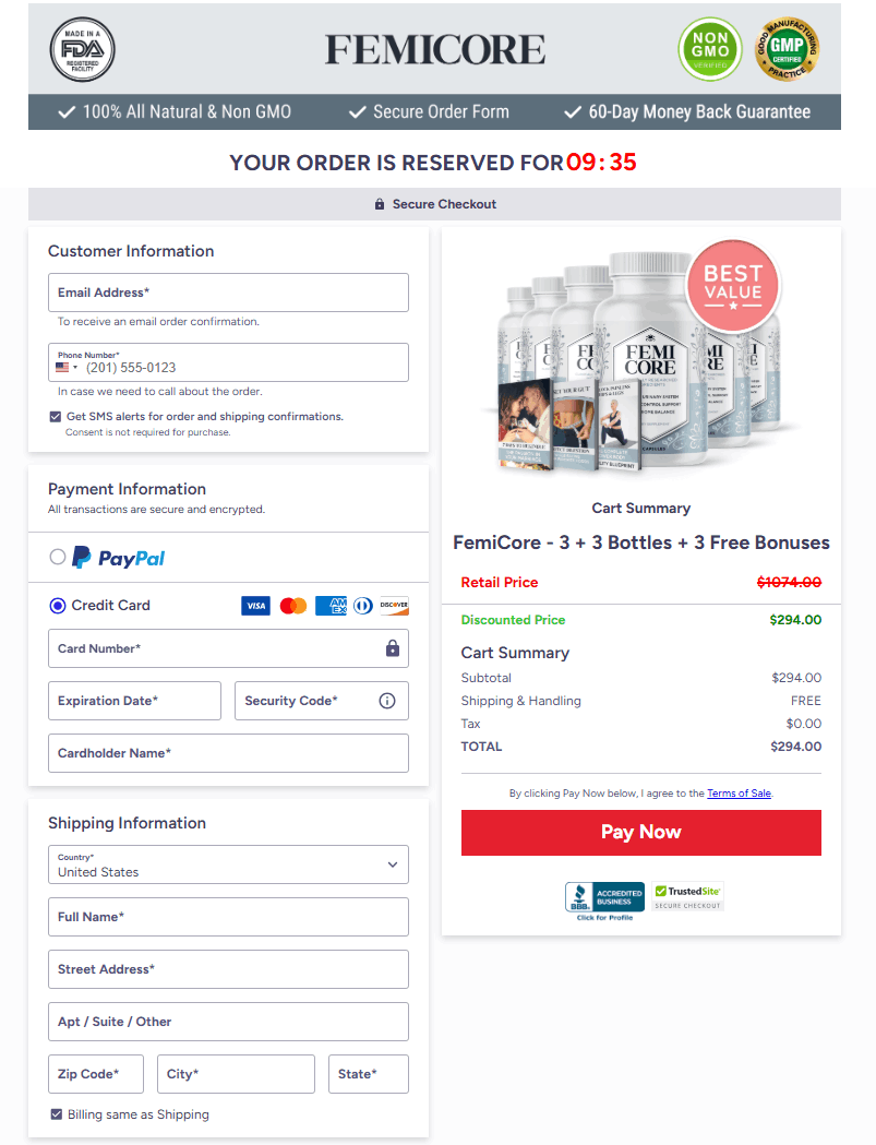 Secure FemiCore checkout page